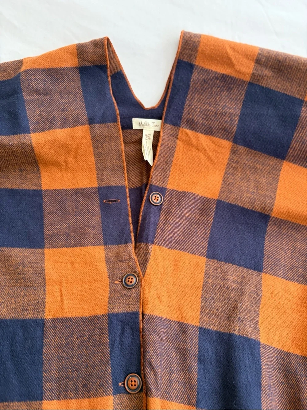 Matilda Jane Warm Sunset Poncho One Size Navy Orange Buffalo Plaid Fringe